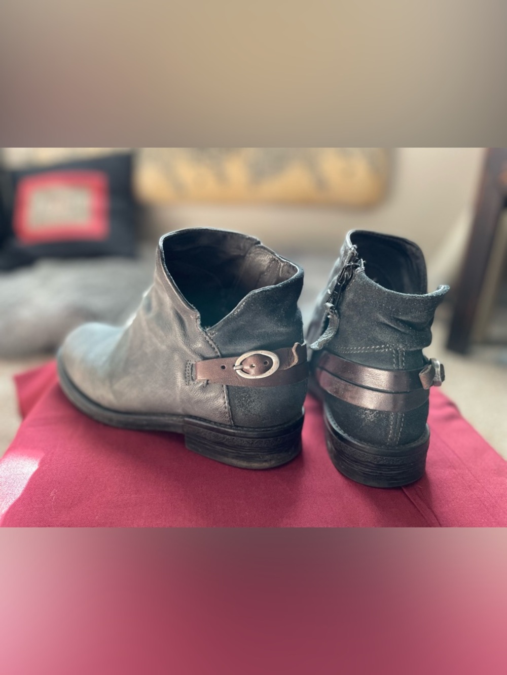 Miz Mooz Gray Leather Ankle Booties with Brown Strap Detail